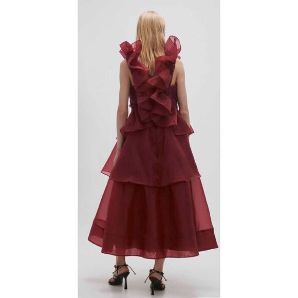Aje. Asra Pleated Frill Midi Dress in Mahogany Red NWT Size 12/ US 8 - Picture 6 of 11